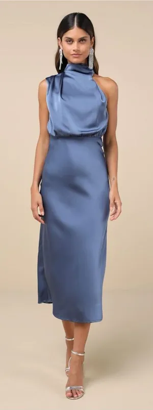 LULU’S Distinctive Charm Slate Blue Satin Asymmetrical Midi Dress thumbnail 1
