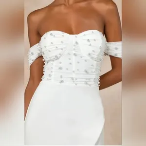 Lulus Immensely Charming White Mesh Pearl Bustier Maxi Dress‎ Size L thumbnail 3