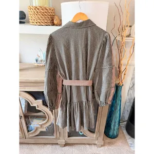 Pearl By Lela Rose Checked Seersucker Shirt Dress Womens Brown Size L thumbnail 3