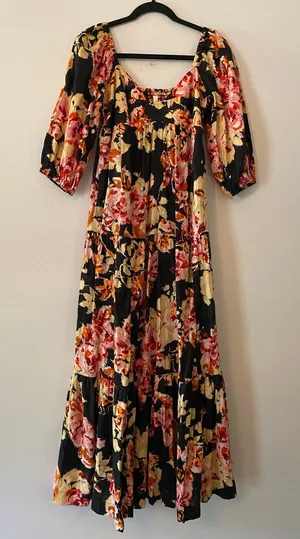 Anthropologie Black Pink Floral Blossom Maxi Dress Puff Sleeve Women's size XS thumbnail 1