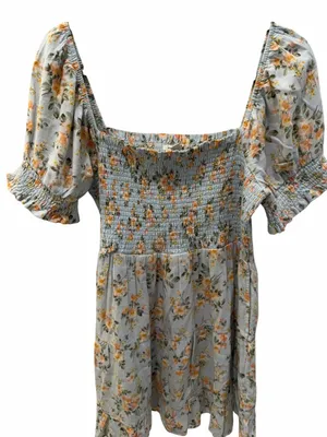 American Eagle Floral Smocked Mini Dress Blue Linen Blend Boho Cottagecore M thumbnail 8