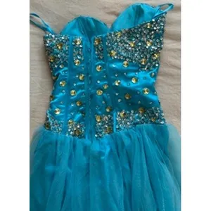 Aqua Blue Rhinestone Embellished Tulle Prom Gown Corset Back Sweetheart Dress thumbnail 2