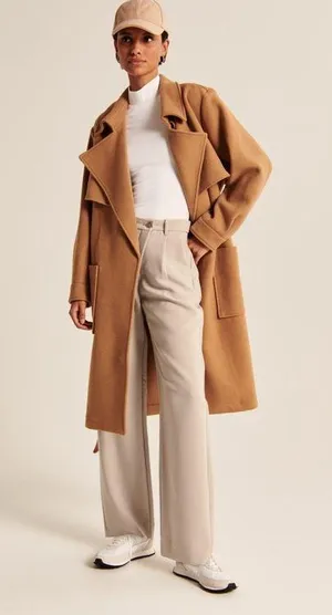 Abercrombie & Fitch Crossover Waist Tailored Relaxed Straight Trouser Pant Beige thumbnail 1