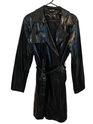 INC Glossy Black Patent Leather Belted Midi Trench Coat Goth Glam witchy 90s y2k thumbnail 5