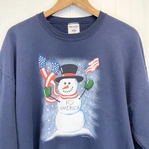 Jerzees Nublend‎ Womens XL Patriotic Snowman Sweatshirt Winter Flag Dark Blue thumbnail 3