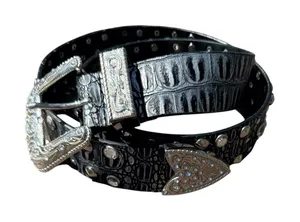 Source Unknown Western Croc‎ Embossed Studded Rhinestone Belt Black Silver Embossed Buckle thumbnail 1