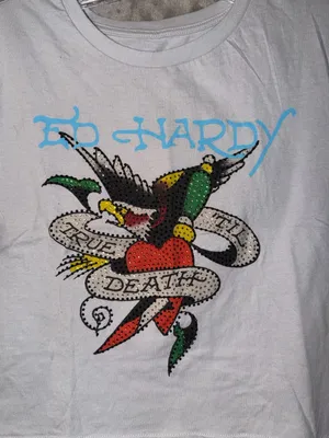 Ed Hardy True 'Til Death Rhinestone Graphic Crop T-Shirt Light Gray Size L thumbnail 3