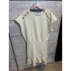 TCEC Maris Dress White Tweed Gold Button Shoulder Ruffle Hem Mini Dress Medium thumbnail 2