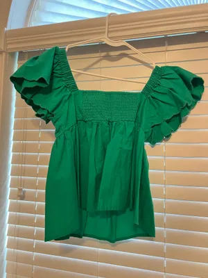 Green Cropped Ruffle Sleeve Top thumbnail 2