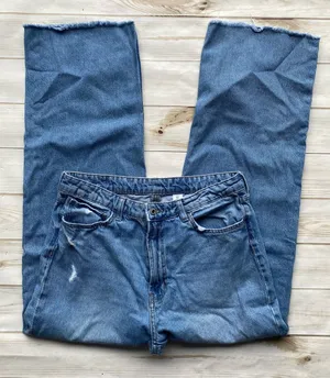 H&M ultra high waist wide leg denim jeans medium wash raw frayed hems 12 thumbnail 1
