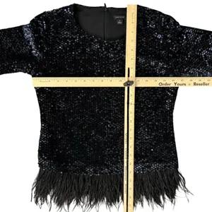 Ann Taylor Black Sequin Short Sleeve Feather Trim Round Neck Shirt Top Size XS thumbnail 5