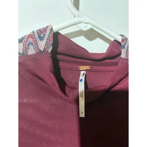 Free People Burgundy Mesh Mock Neck Top Chevron Lace‎ Long Sleeve Small thumbnail 4