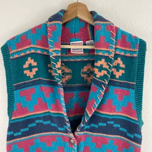 Vintage 90s Teal Blue Pink Southwestern Aztec Button Up Sweater Vest thumbnail 4