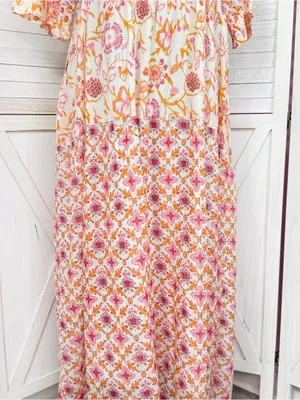 Dolma Kelly Floral Boho Tiered Midi Dress Pink Orange Large Cotton Mosaic thumbnail 7