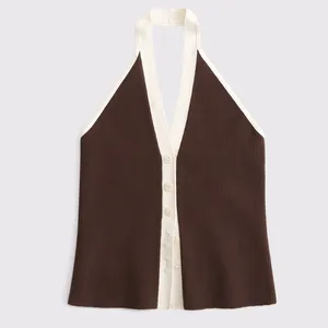 Abercrombie Ribbed Halter Top Sweater Vest | Brown & Cream Button Up Knit XL thumbnail 5