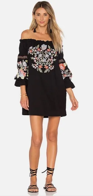 Free People Fleur‎ Du Jour Floral Embroidered Off-the-Shoulder Mini Dress Small thumbnail 1