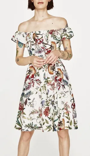 Zara Floral Off The Shoulder Dress Women Small Ivory Floral‎ Ruffle Boho Cottage thumbnail 1