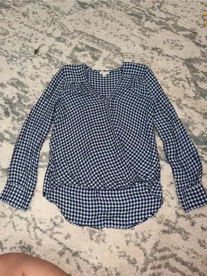 Max Studio XS Navy White Gingham Wrap Blouse 100% Rayon Soft Draped thumbnail 2