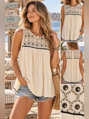 Zara Basic Cream Crochet Sequin Boho Tunic Top Size Medium thumbnail 2