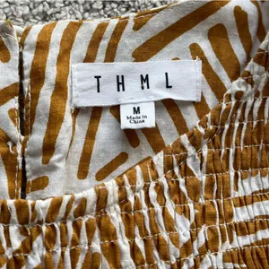 THML midi dress brown white line print ruffle sleeve smocked medium thumbnail 2