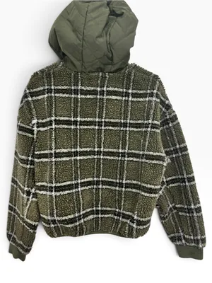 Zara Green Plaid Sherpa Fleece Quilted Pocket Pullover Hoodie (XS) thumbnail 3