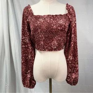 Altar’d State Vaella Smocked Floral Top in Burgundy Long Sleeve‎ Cropped medium thumbnail 2