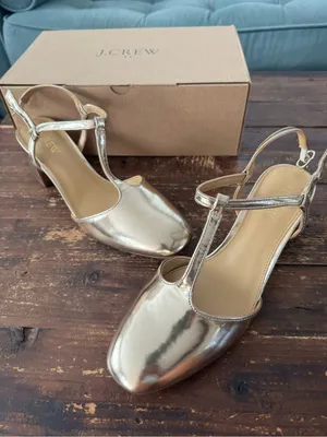 NEW! J. Crew T-Strap Heels Metallic Gold Block Heel thumbnail 2