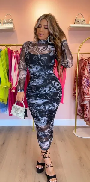 NWOT Akira marble High-Neck Print mesh y2k Bodycon Dress swirl pattern ruched Sz M black/white long sleeve thumbnail 1