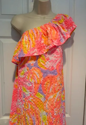 Lilly Pulitzer One Shoulder Ruffle‎ Dress Pink Neon Tropical Shift Small Coastal thumbnail 1