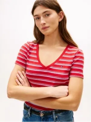 Women's Tommy Hilfiger Striped V-Neck Short Sleeve Tee Red White XL thumbnail 1