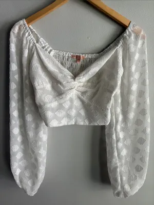 Evolutionary White Swiss Dot Twist Front Crop Top Balloon Sleeve Boho Size S thumbnail 1