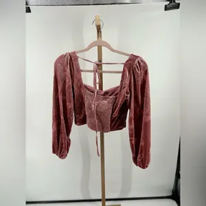 Altar'd State Velvet Burnout Smocked Crop Top Size Small Pink thumbnail 11