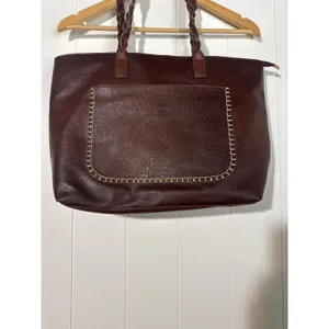 Weimersaige Brown Shoulder Tote Bag Braided Handles Whipstitch Zip Large thumbnail 3