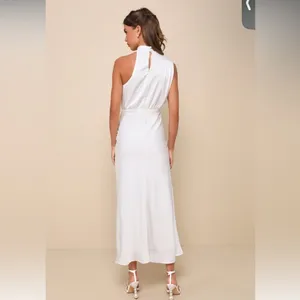LULU's Bridal HIneymoon Engagement White Satin Modest Halter Mermaid Midi Dress thumbnail 3