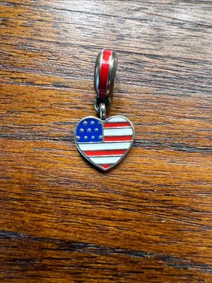 Authentic Pandora Retired USA American Flag Heart Dangle Charm 925 Silver Ring thumbnail 4