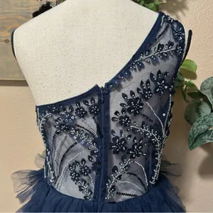 Lulus Fanciful Charm Navy Mesh Beaded Tiered One-Shoulder Mini Dress thumbnail 5