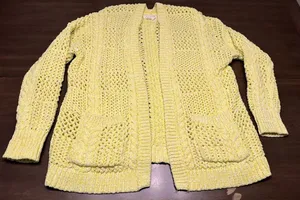 A by ANTHROPOLOGIE Cable Knit Yellow- White CARDIGAN, 73% Cotton, Size M/L thumbnail 1