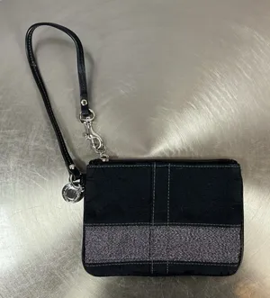 Vtg Coach Signature Black Jacquard Wristlet Metallic Silver Stripe Zip Pouch thumbnail 1