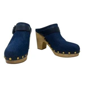 Veronica Beard Dacey Denim Clogs Heels Studded Buckle Wood Blue‎ Size 9.5 thumbnail 4