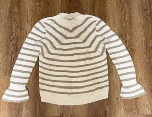 LOFT Mock Neck Striped Sweater Size Medium Flare Long Sleeve‎ White Brown Wool thumbnail 1