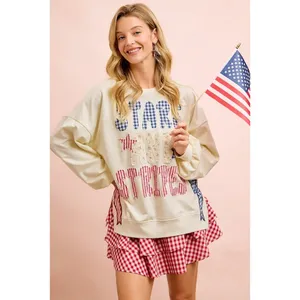 BiBi‎ 4th Of July Stars And Stripes Patches Sweatshirt - Cream - Small thumbnail 4