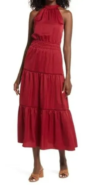 Lost + Wander Fleur Halter Maxi Dress‎ in burgundy XL thumbnail 1
