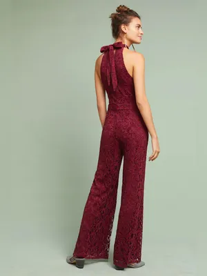 Ett:Twa Anthropologie Aida Halter Lace Jumpsuit in Burgundy thumbnail 2