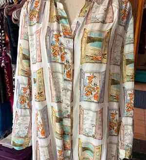 Long Sleeve Button-Down Shirt with Window and Orange Print 1X thumbnail 1