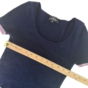 Ribbed Knit Cropped Baby Tee‎ Ruffle Edge Top S Navy Blue Pastel Stretch Indie thumbnail 13