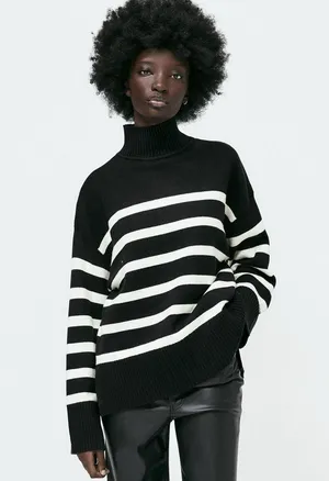 Zara Women Zip Turtleneck Sweater Ecru/Black Striped Knit Fall Winter Size Large thumbnail 1