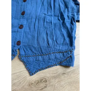 Free People Beaded Crinkle Gauze Top Blue Button Down Western Long Sleeve Size M thumbnail 9