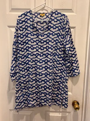 Roberta Roller‎ Rabbit Blue White Geometric Print Big Cata Kurta Tunic Top Large thumbnail 1