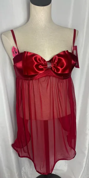 Betsey Johnson lingerie Y2K style babydoll 2 piece Red Satin Mesh Bow Small NWT thumbnail 1
