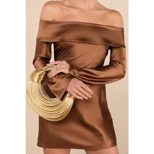 NWT Lulus Luxurious Vision Brown Satin Off-the-Shoulder Mini Dress Party Size L thumbnail 3